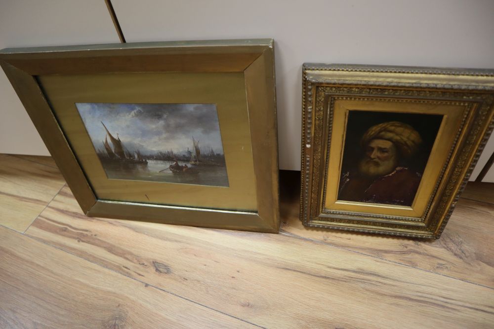 A 19th century Continental oil on board of a man wearing a turban and another oil on board of a river with shipping